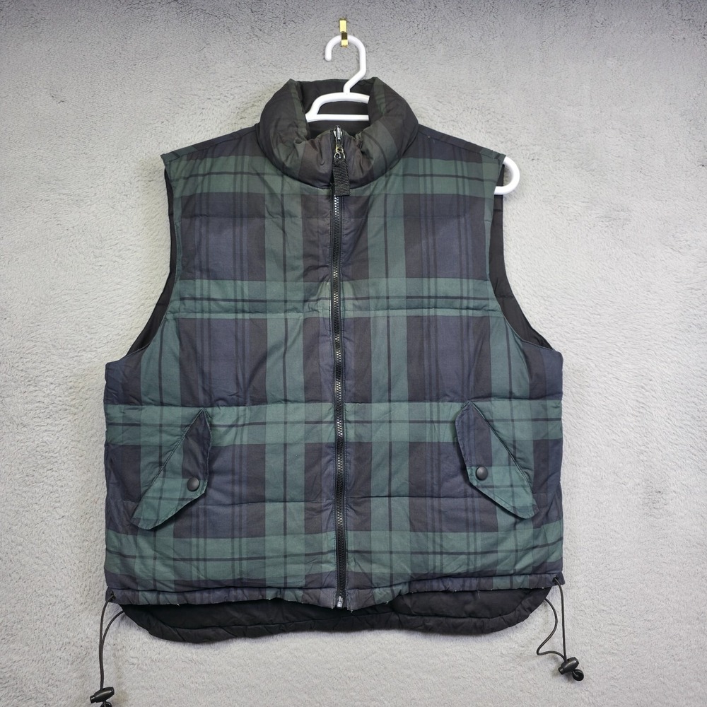 Outdoor Exchange Puffer‎ Vest Mens L Black Green Plaid Reversible Down Insulated